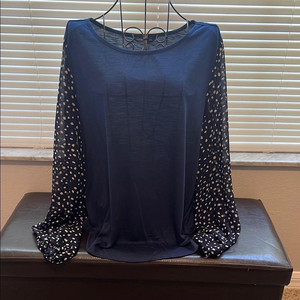 SHEIN Blue and White Relaxed Blouse with Bell Sleeves